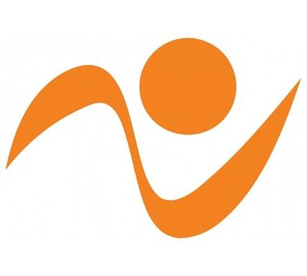 orange logo made to look like a runner; utah valley marathon expo logo