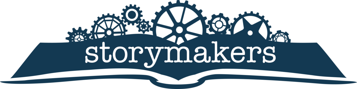 a book with gears on top of it. storymakers logo